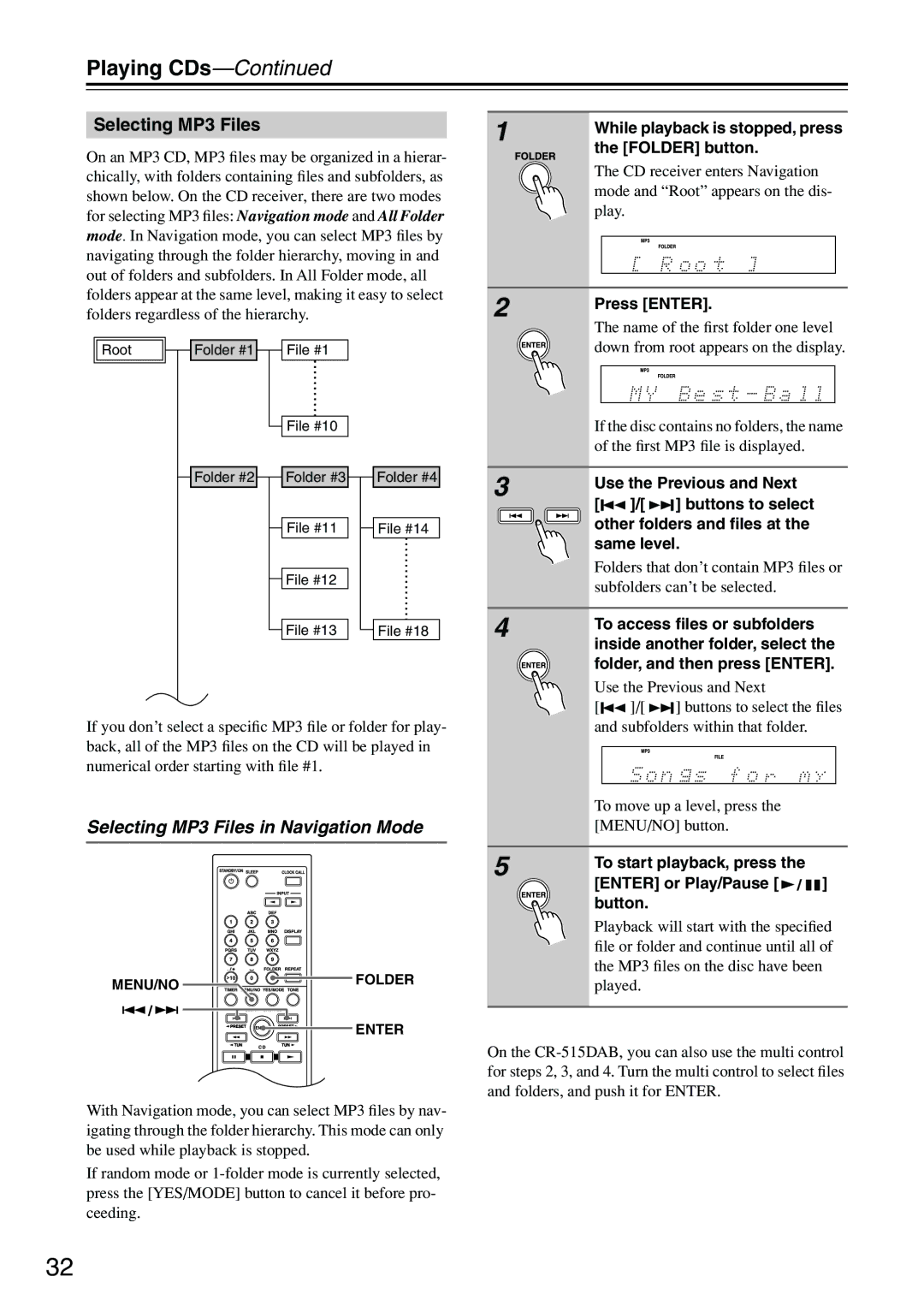 Onkyo CR-315DAB, CR-515DAB instruction manual Selecting MP3 Files in Navigation Mode 