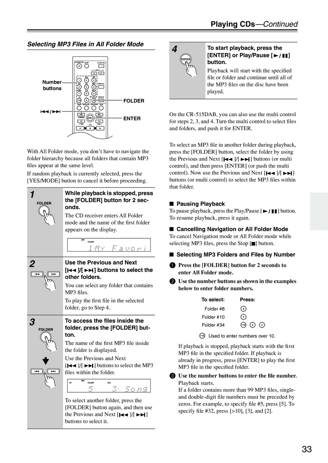 Onkyo CR-515DAB, CR-315DAB instruction manual Selecting MP3 Files in All Folder Mode 