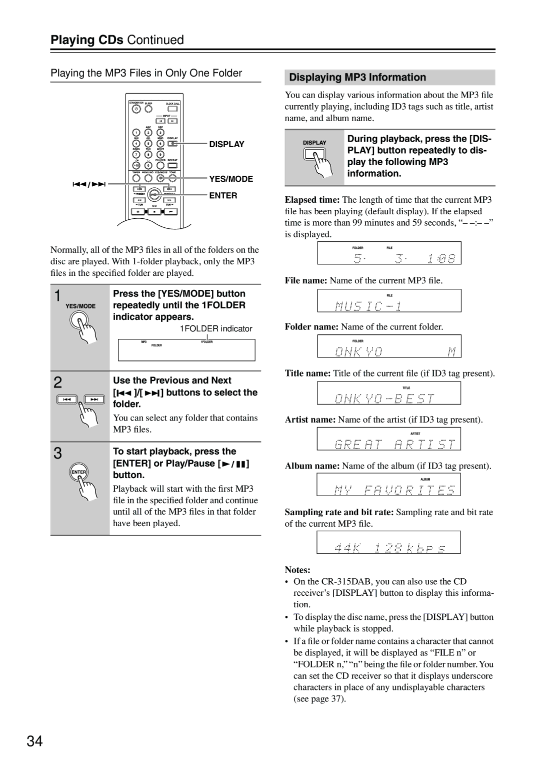 Onkyo CR-315DAB, CR-515DAB instruction manual Playing the MP3 Files in Only One Folder 