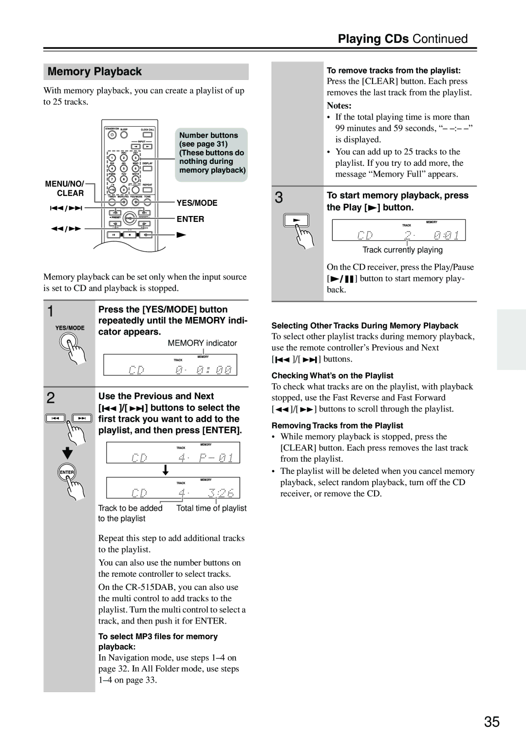 Onkyo CR-515DAB, CR-315DAB instruction manual Memory Playback 