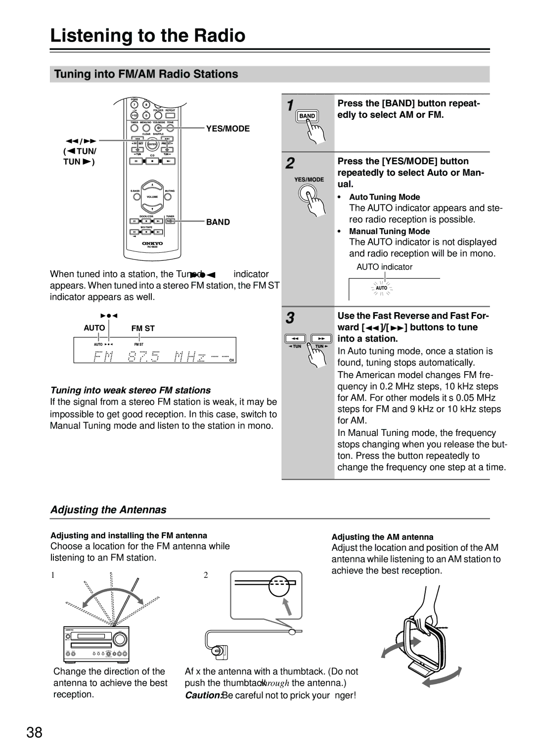 Onkyo CR-315DAB, CR-515DAB Listening to the Radio, Tuning into FM/AM Radio Stations, Adjusting the Antennas 