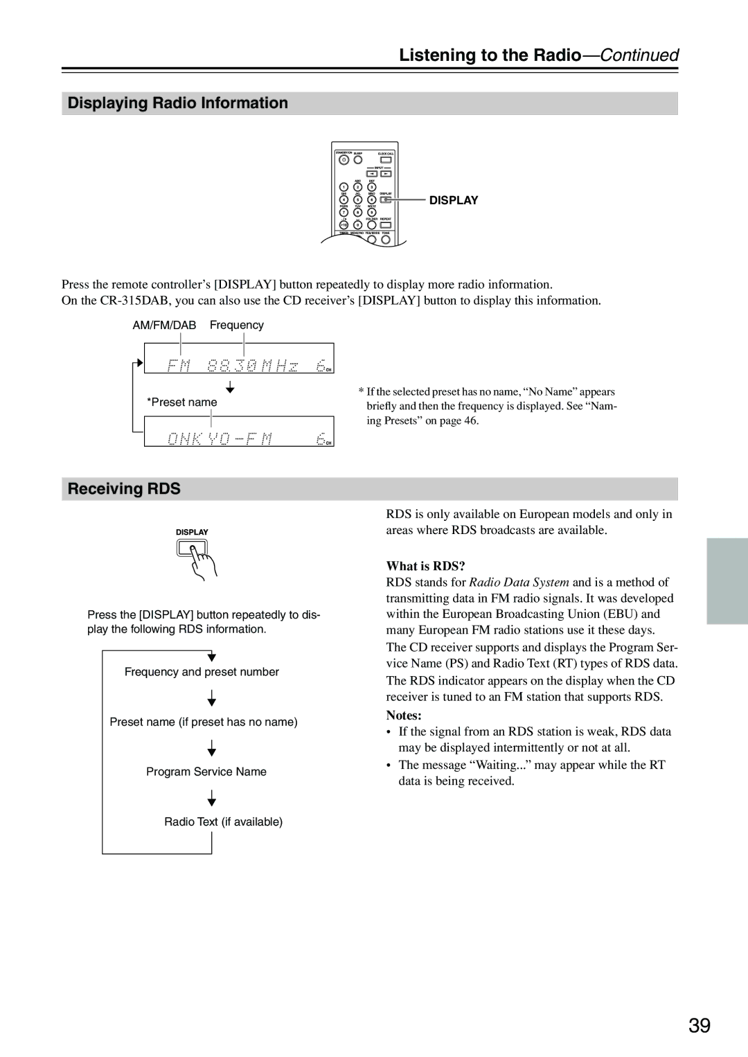Onkyo CR-515DAB, CR-315DAB Listening to the Radio, Displaying Radio Information, Receiving RDS, What is RDS? 