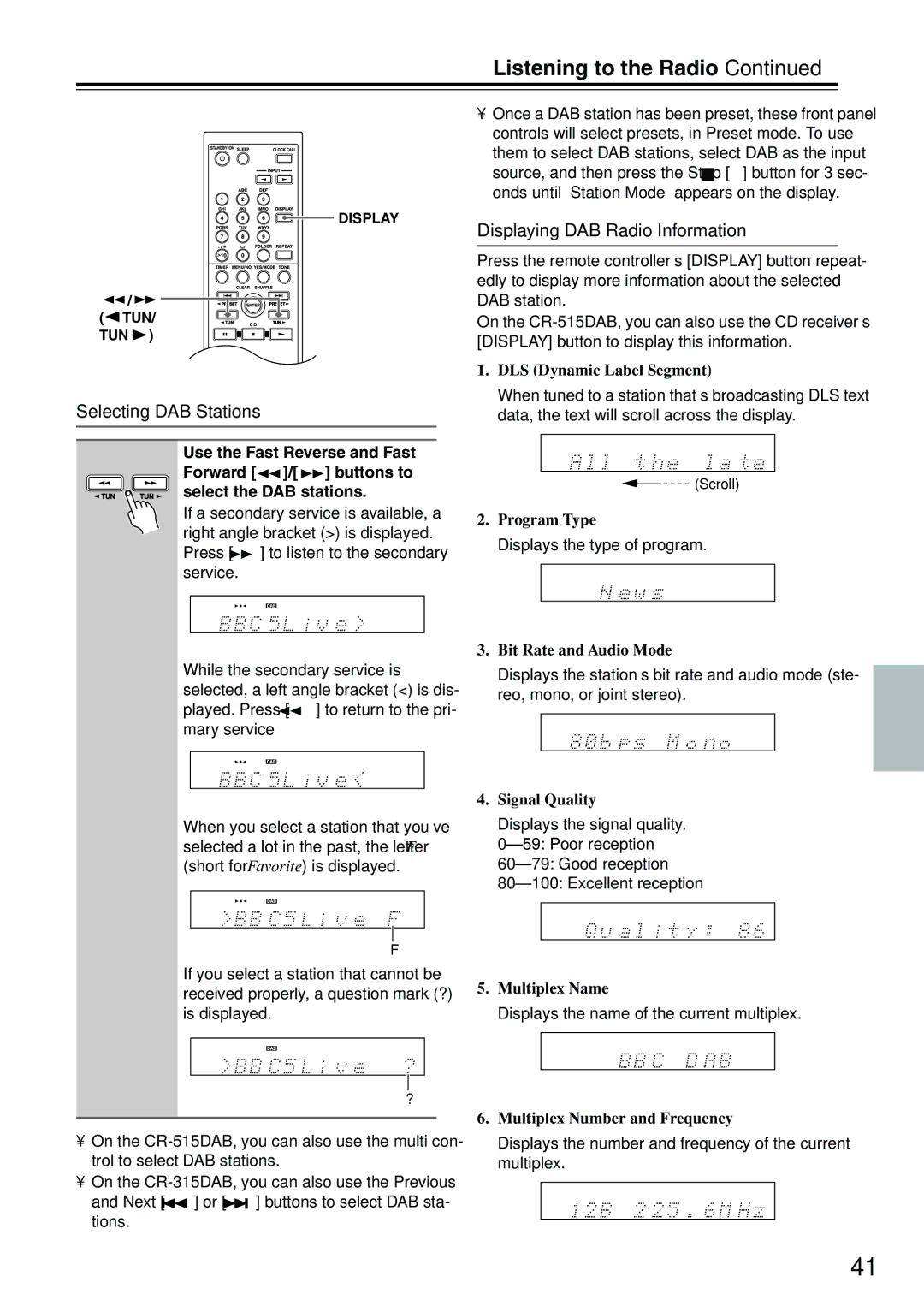 Onkyo CR-515DAB, CR-315DAB instruction manual Selecting DAB Stations, Displaying DAB Radio Information 