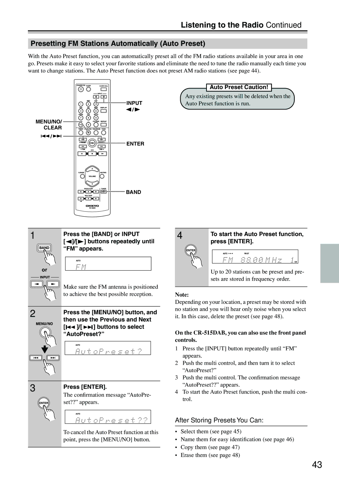 Onkyo CR-515DAB, CR-315DAB Presetting FM Stations Automatically Auto Preset, After Storing Presets You Can 