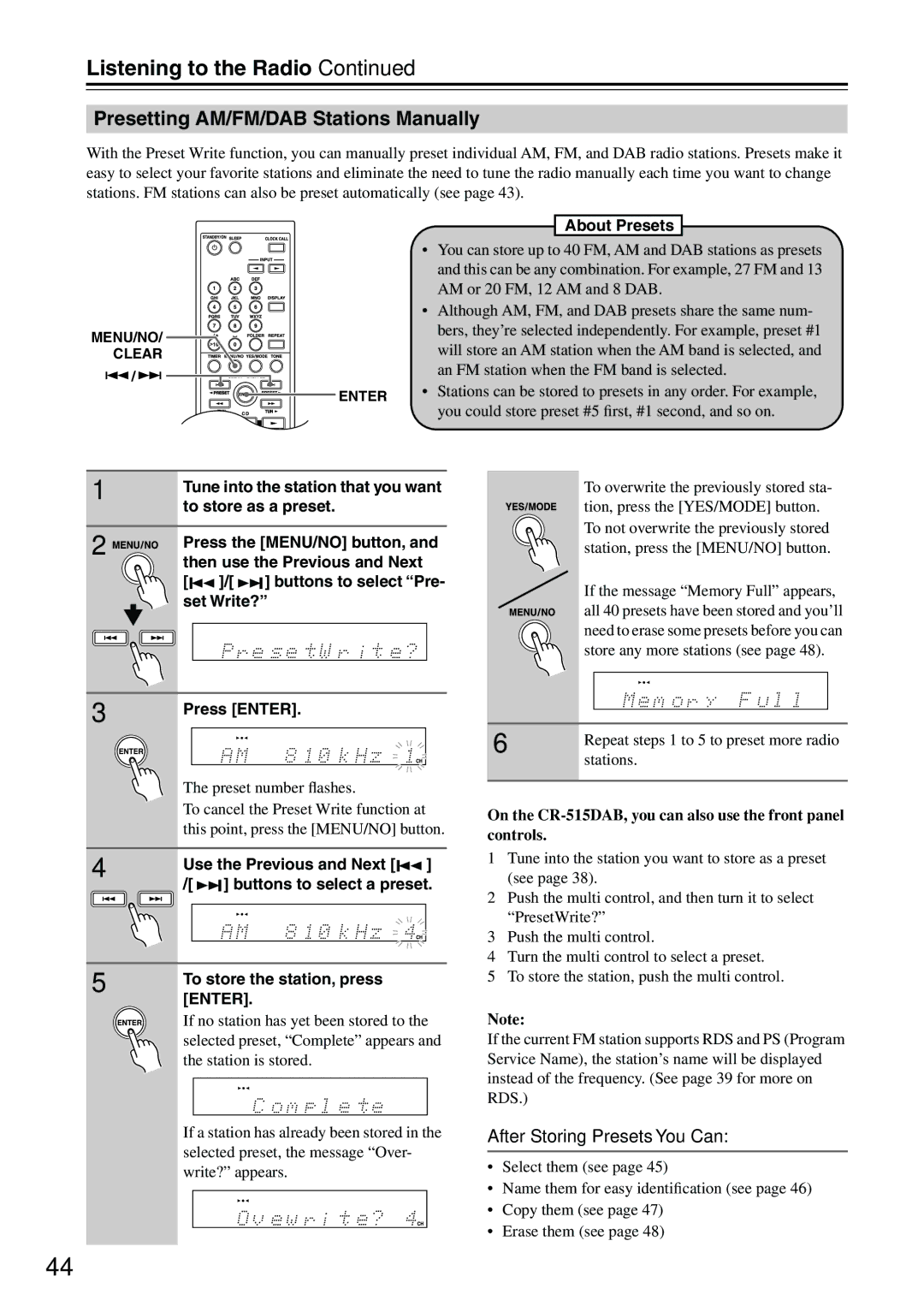 Onkyo CR-315DAB Presetting AM/FM/DAB Stations Manually, About Presets, Tune into the station that you want, Set Write? 