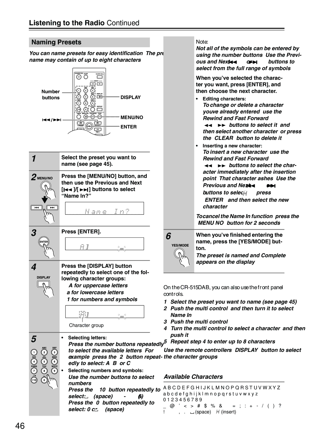 Onkyo CR-315DAB, CR-515DAB instruction manual Naming Presets, Available Characters 