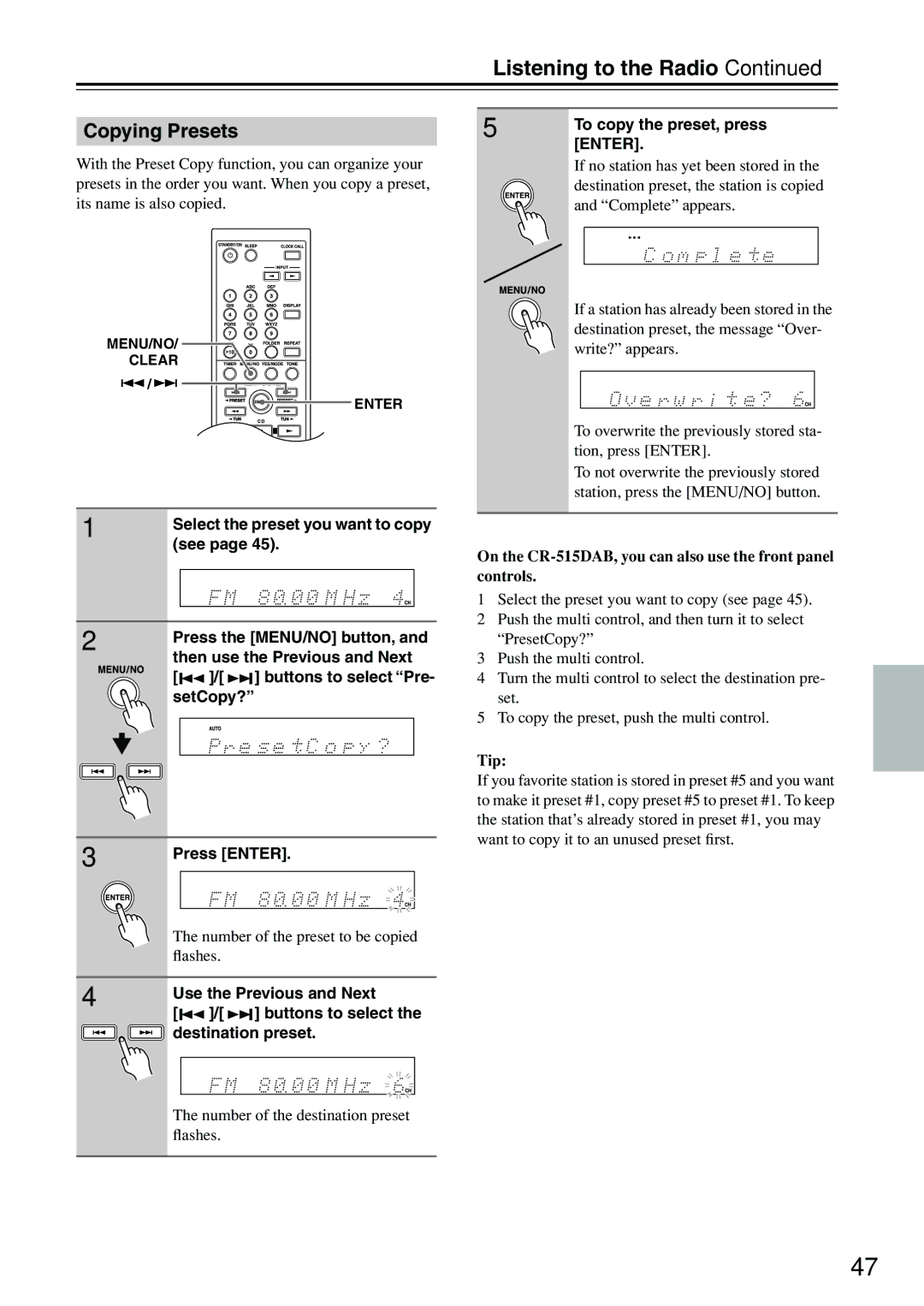 Onkyo CR-515DAB, CR-315DAB instruction manual Copying Presets 