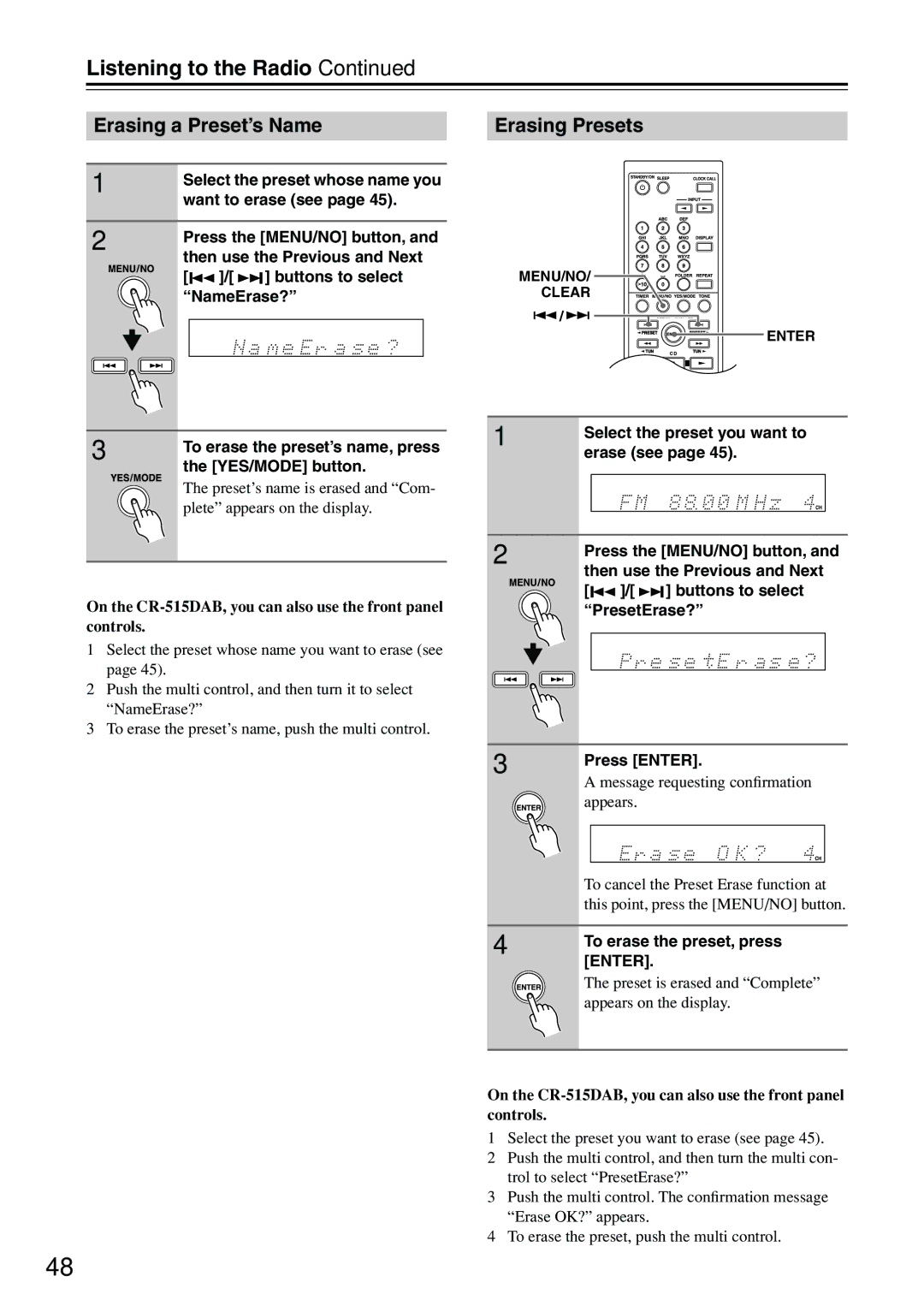 Onkyo CR-315DAB, CR-515DAB instruction manual Erasing a Preset’s Name, Erasing Presets 