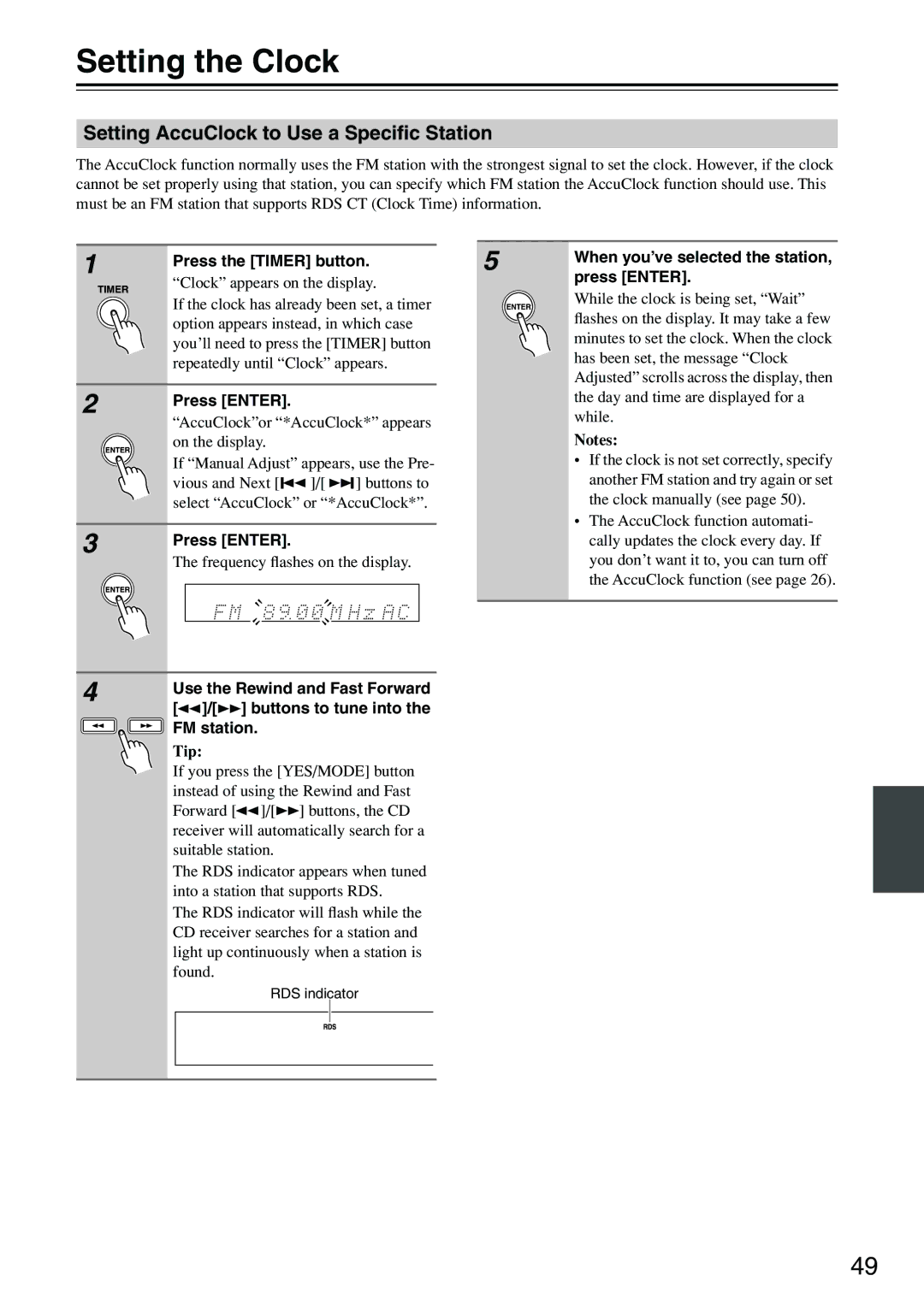 Onkyo CR-515DAB, CR-315DAB instruction manual Setting the Clock, Setting AccuClock to Use a Speciﬁc Station 