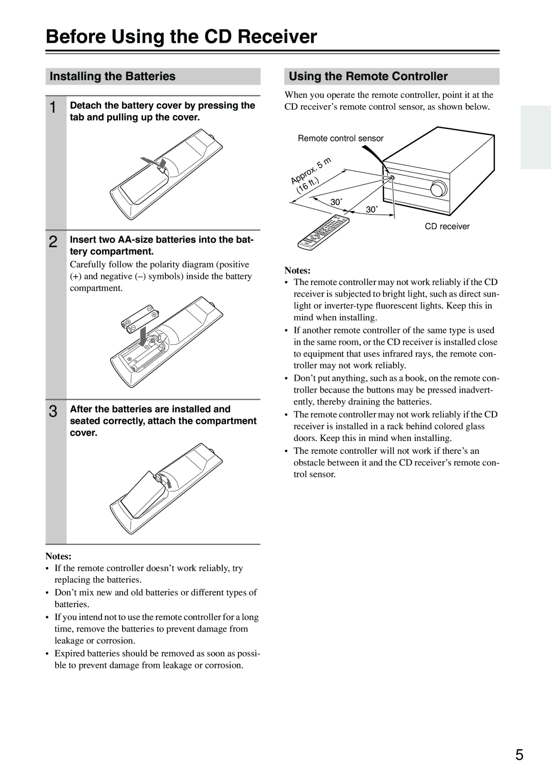 Onkyo CR-515DAB, CR-315DAB Before Using the CD Receiver, Installing the Batteries, Using the Remote Controller 