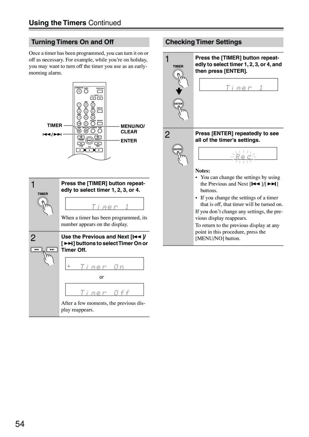 Onkyo CR-315DAB, CR-515DAB Turning Timers On and Off, Checking Timer Settings, Press Enter repeatedly to see 