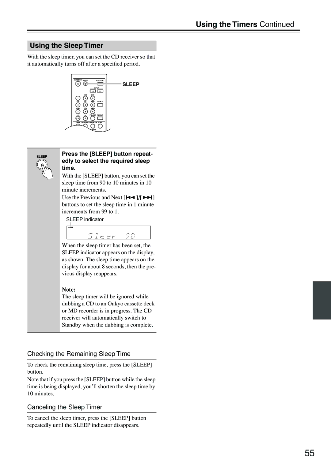 Onkyo CR-515DAB, CR-315DAB Using the Sleep Timer, Checking the Remaining Sleep Time, Canceling the Sleep Timer 