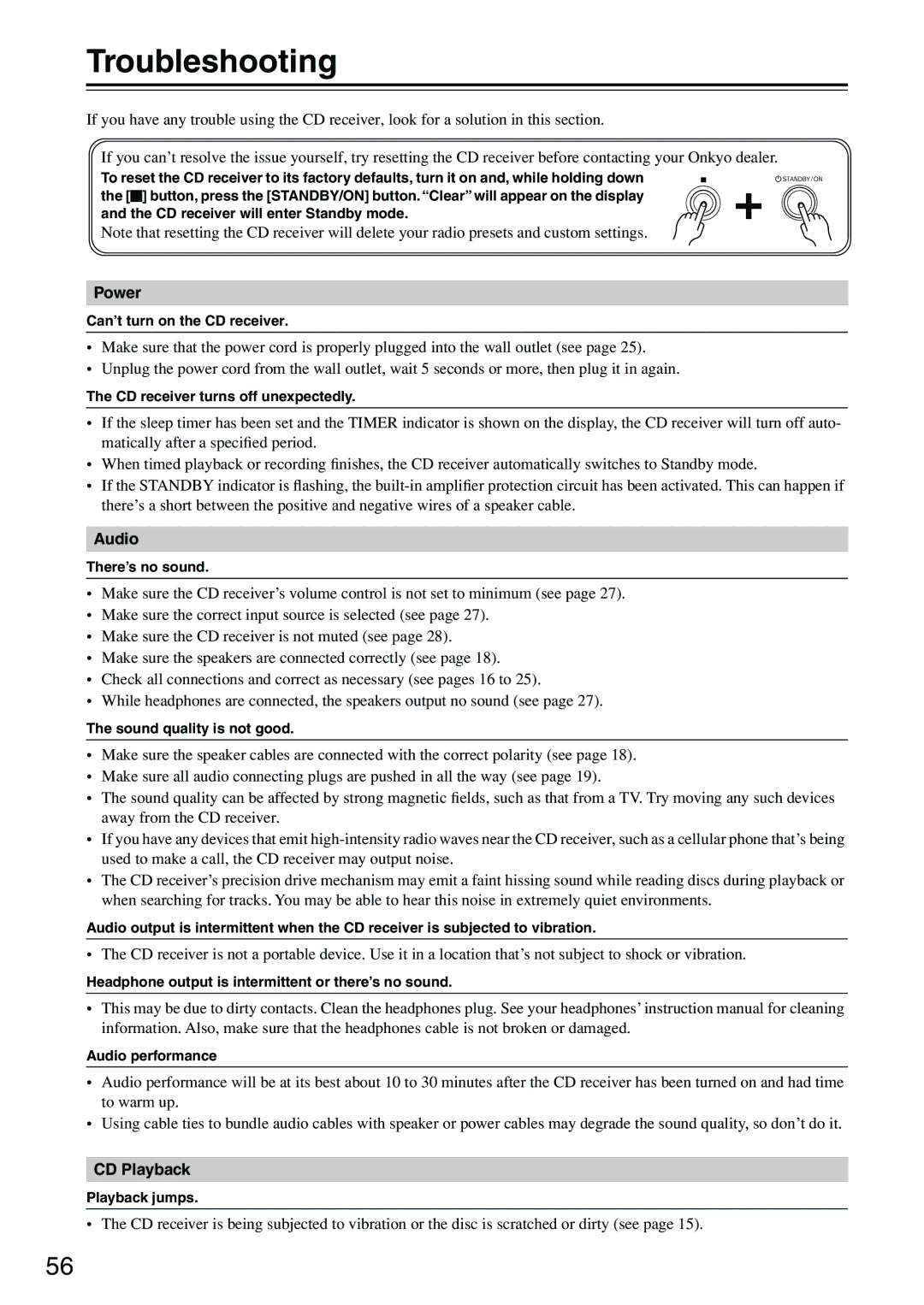 Onkyo CR-315DAB, CR-515DAB instruction manual Troubleshooting, Power, Audio, CD Playback 