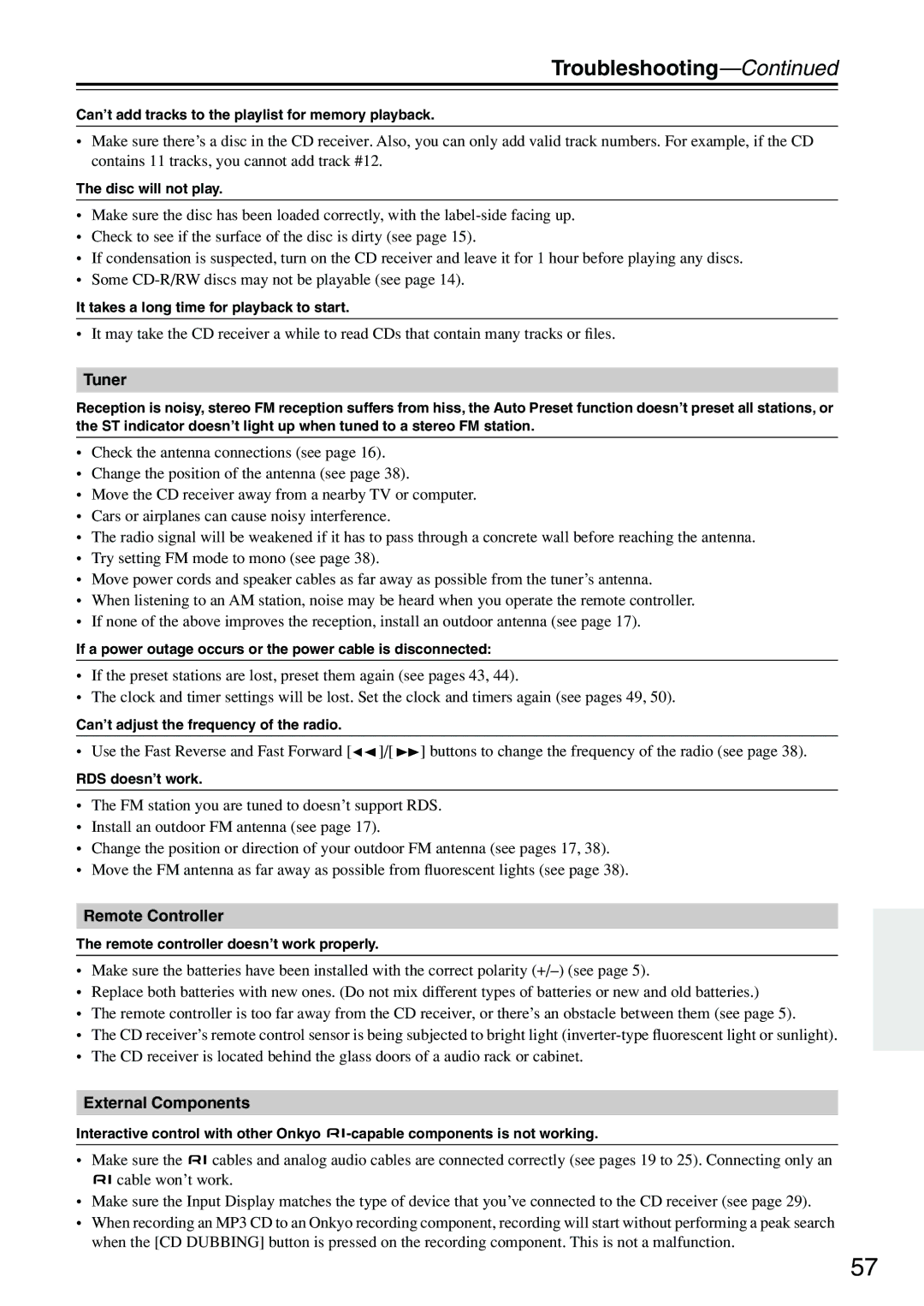 Onkyo CR-515DAB, CR-315DAB instruction manual Troubleshooting, Tuner, Remote Controller, External Components 