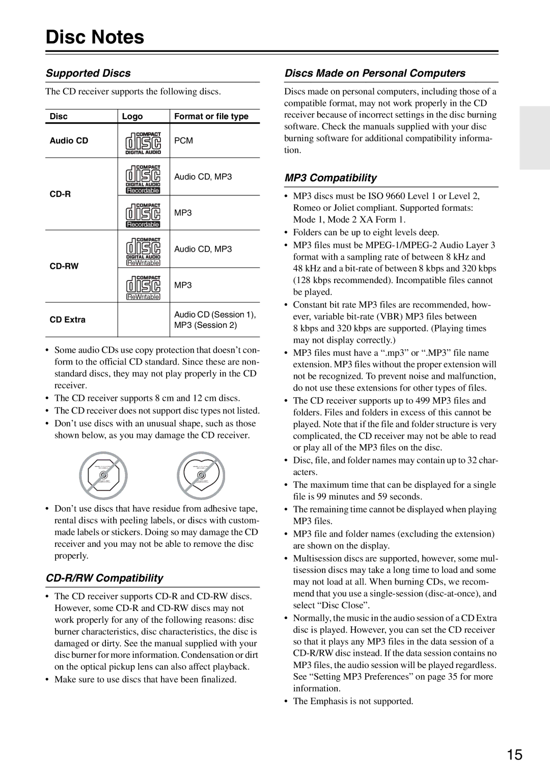 Onkyo CR-525 Disc Notes, Supported Discs, CD-R/RW Compatibility, Discs Made on Personal Computers, MP3 Compatibility 