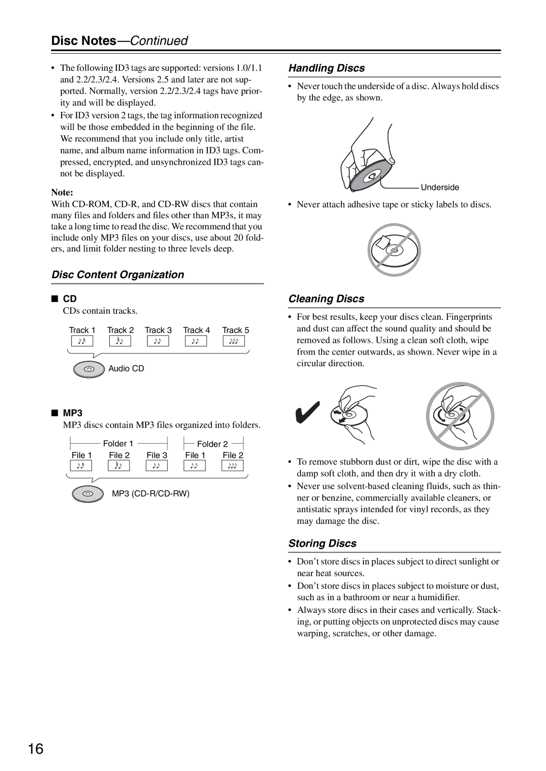 Onkyo CR-325, CR-525 instruction manual Disc Notes, Disc Content Organization, Handling Discs, Cleaning Discs, Storing Discs 