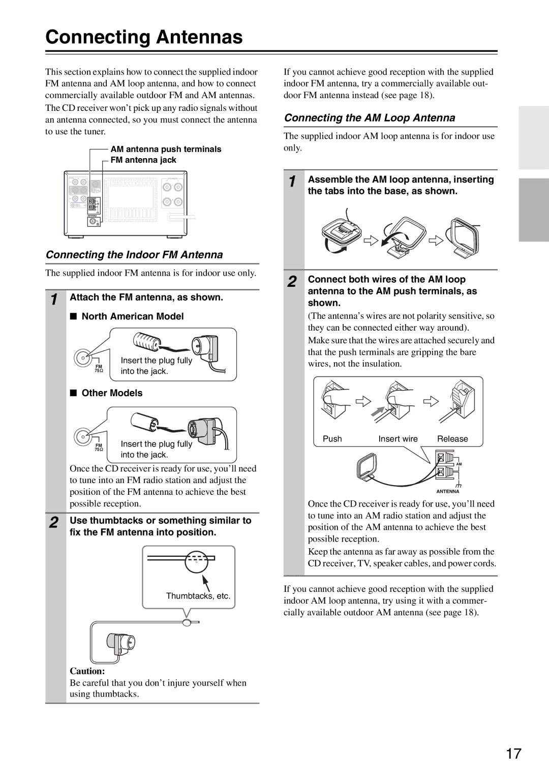 Onkyo CR-525, CR-325 Connecting Antennas, Connecting the Indoor FM Antenna, Connecting the AM Loop Antenna, Other Models 