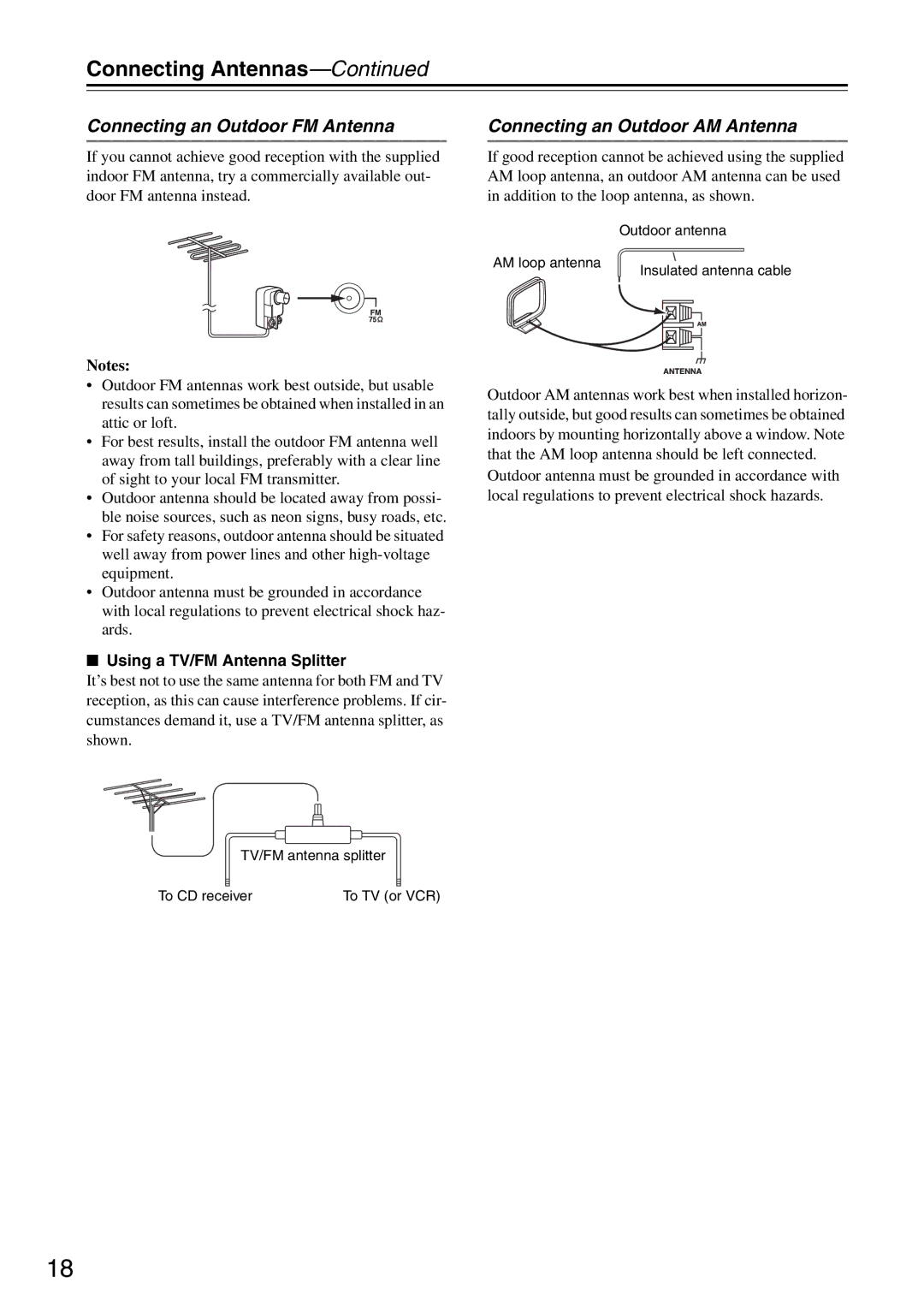 Onkyo CR-325, CR-525 Connecting Antennas, Connecting an Outdoor FM Antenna, Connecting an Outdoor AM Antenna 