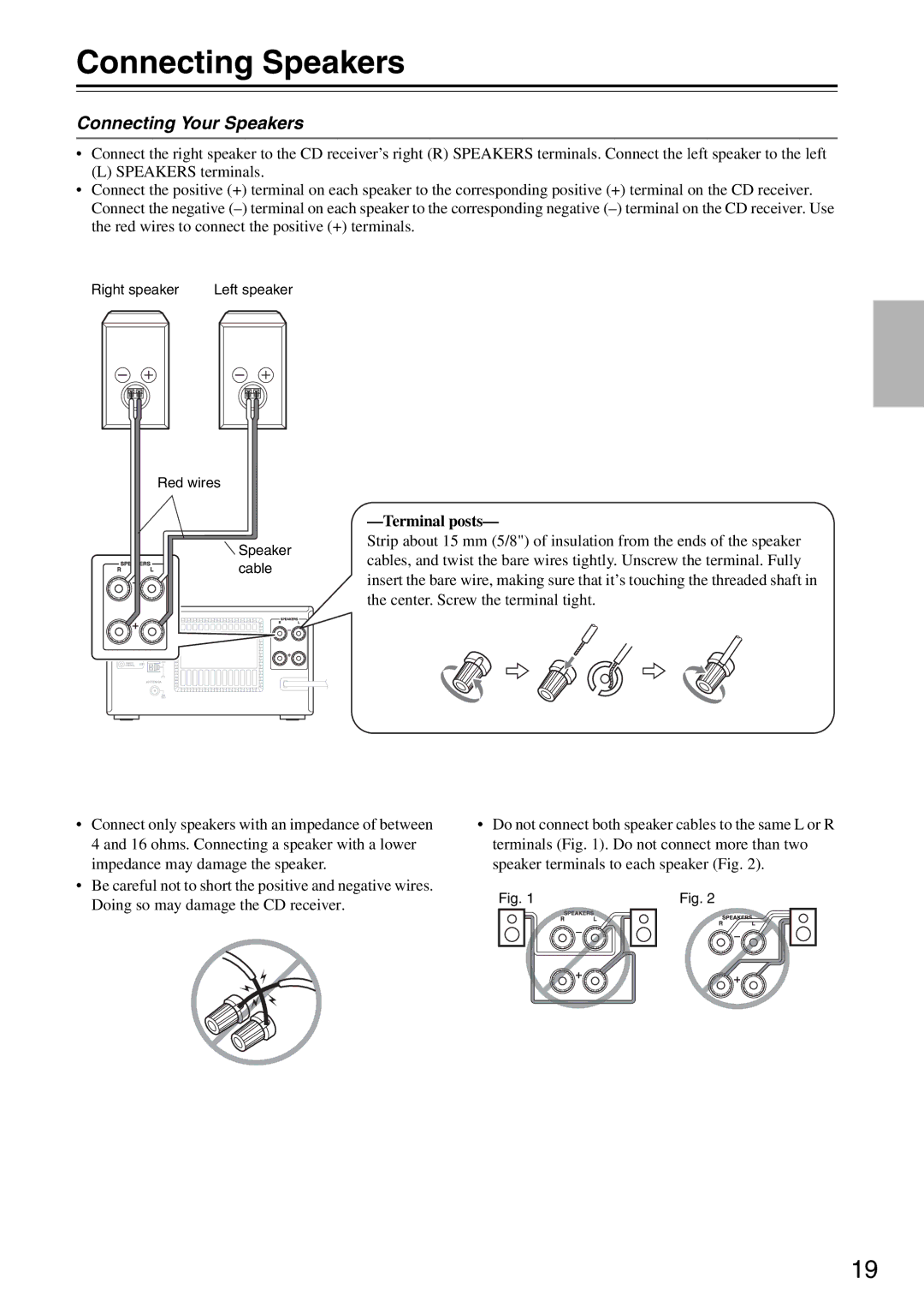 Onkyo CR-525, CR-325 instruction manual Connecting Speakers, Connecting Your Speakers, Terminal posts 