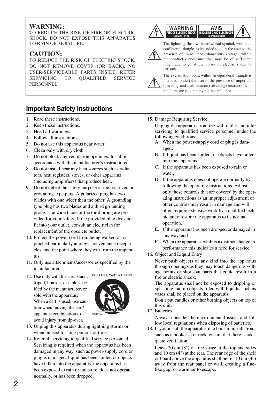 Onkyo CR-325, CR-525 instruction manual Important Safety Instructions, Avis 