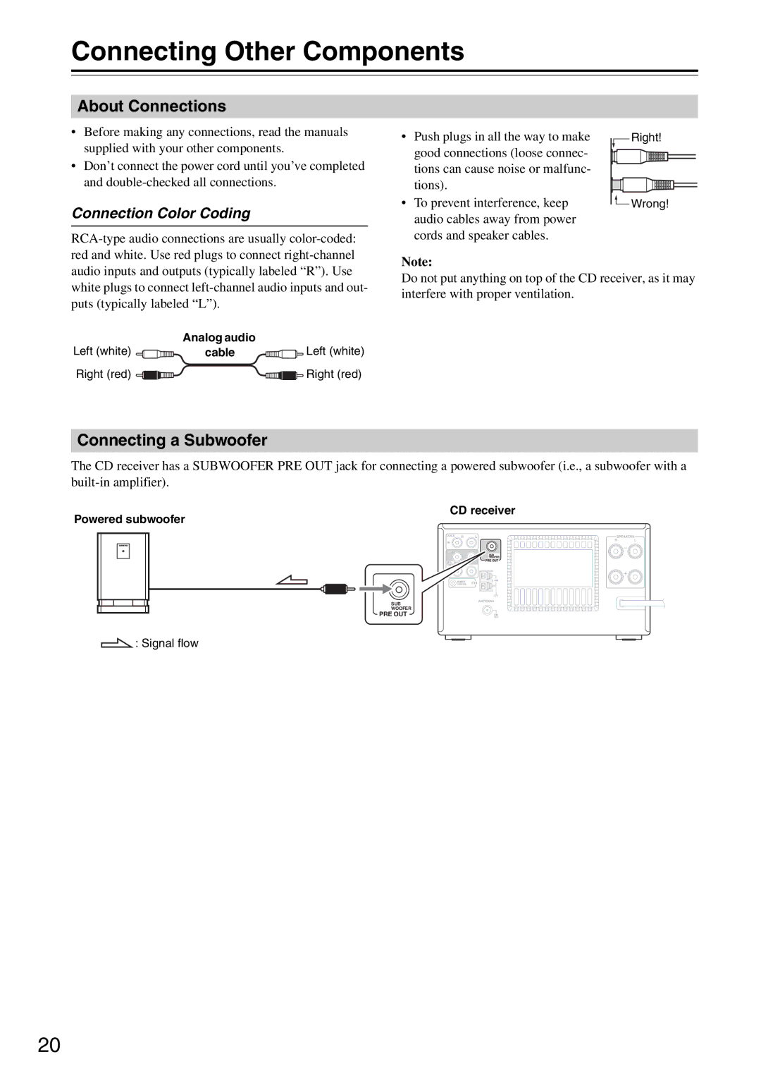 Onkyo CR-325, CR-525 Connecting Other Components, About Connections, Connecting a Subwoofer, Connection Color Coding 