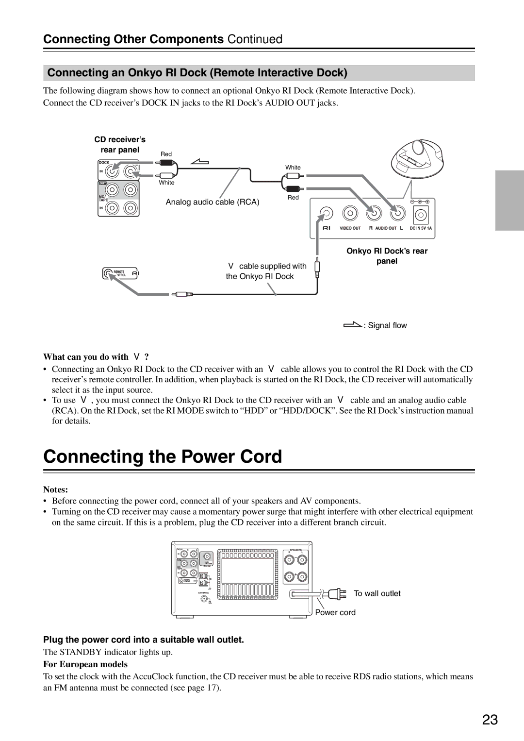 Onkyo CR-525, CR-325 Connecting the Power Cord, Connecting an Onkyo RI Dock Remote Interactive Dock, For European models 