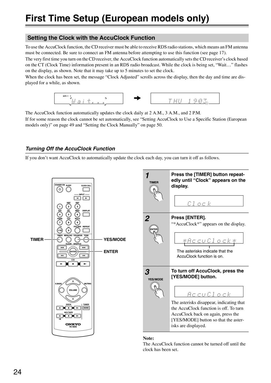 Onkyo CR-325, CR-525 instruction manual First Time Setup European models only, Setting the Clock with the AccuClock Function 