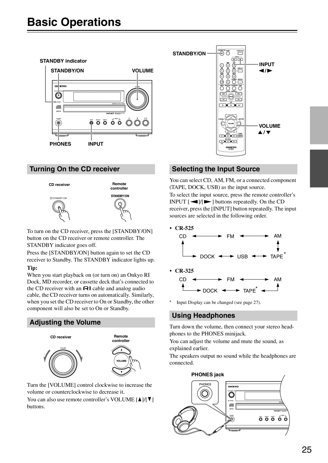 Onkyo CR-525, CR-325 Basic Operations, Turning On the CD receiver, Adjusting the Volume, Selecting the Input Source 