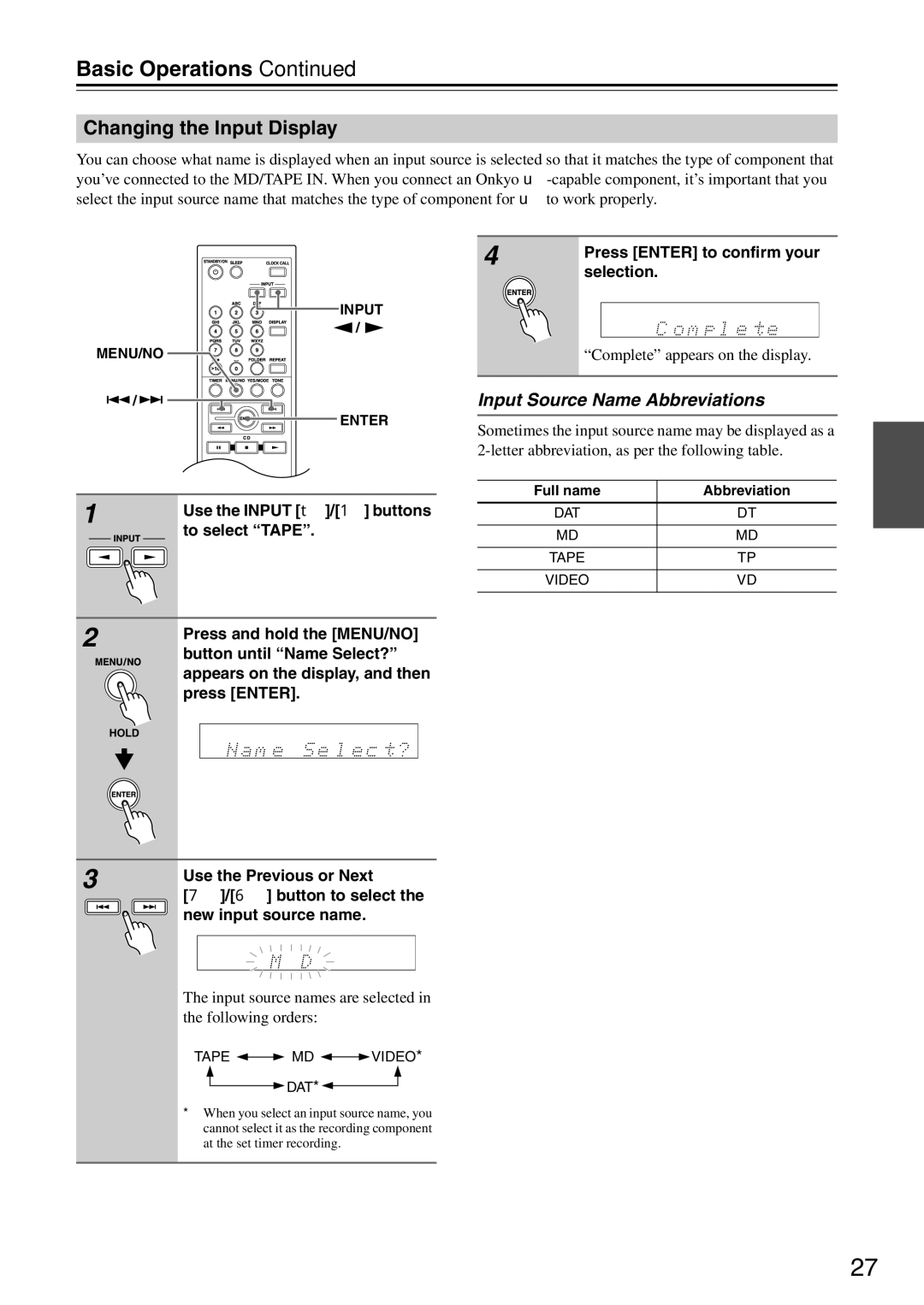 Onkyo CR-525, CR-325 instruction manual Changing the Input Display, Input Source Name Abbreviations 