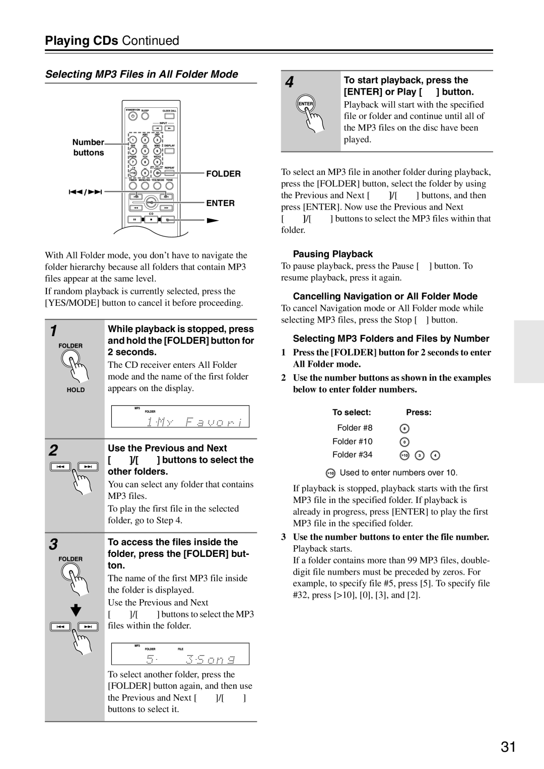 Onkyo CR-525, CR-325 instruction manual Selecting MP3 Files in All Folder Mode 