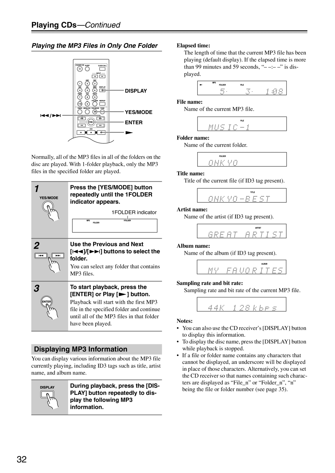 Onkyo CR-325, CR-525 instruction manual Displaying MP3 Information, Playing the MP3 Files in Only One Folder 