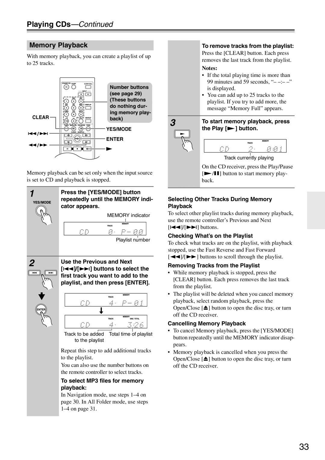 Onkyo CR-525, CR-325 instruction manual Memory Playback 