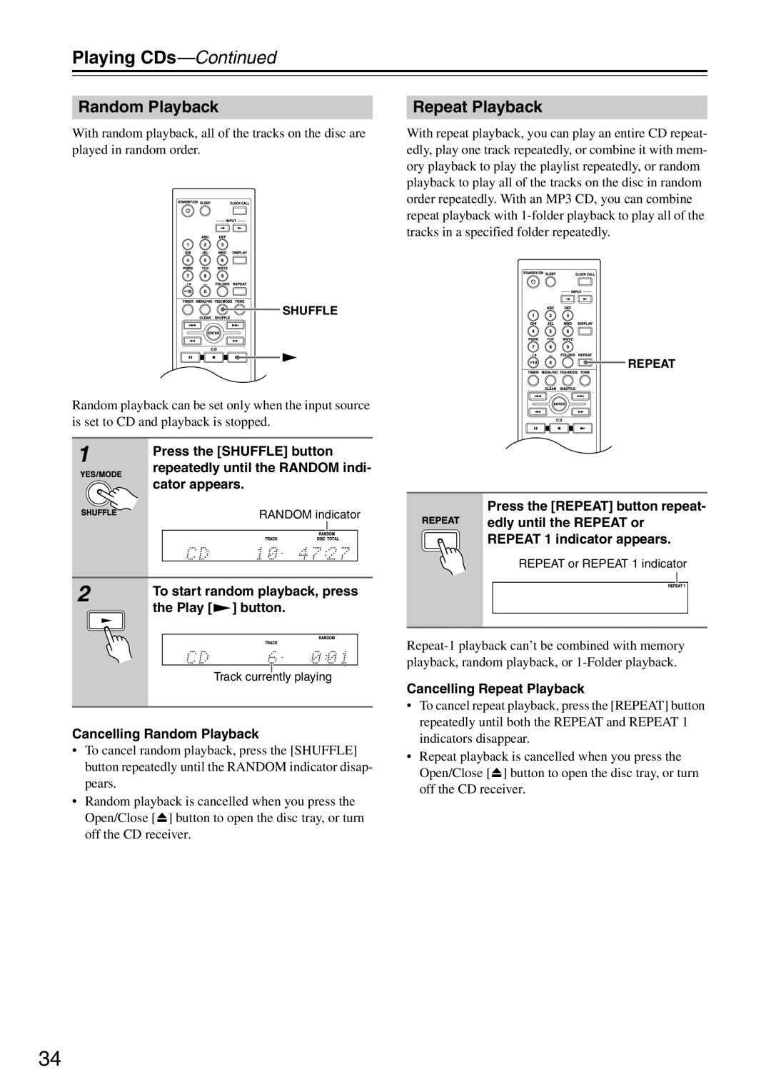 Onkyo CR-325, CR-525 instruction manual Random Playback, Repeat Playback 