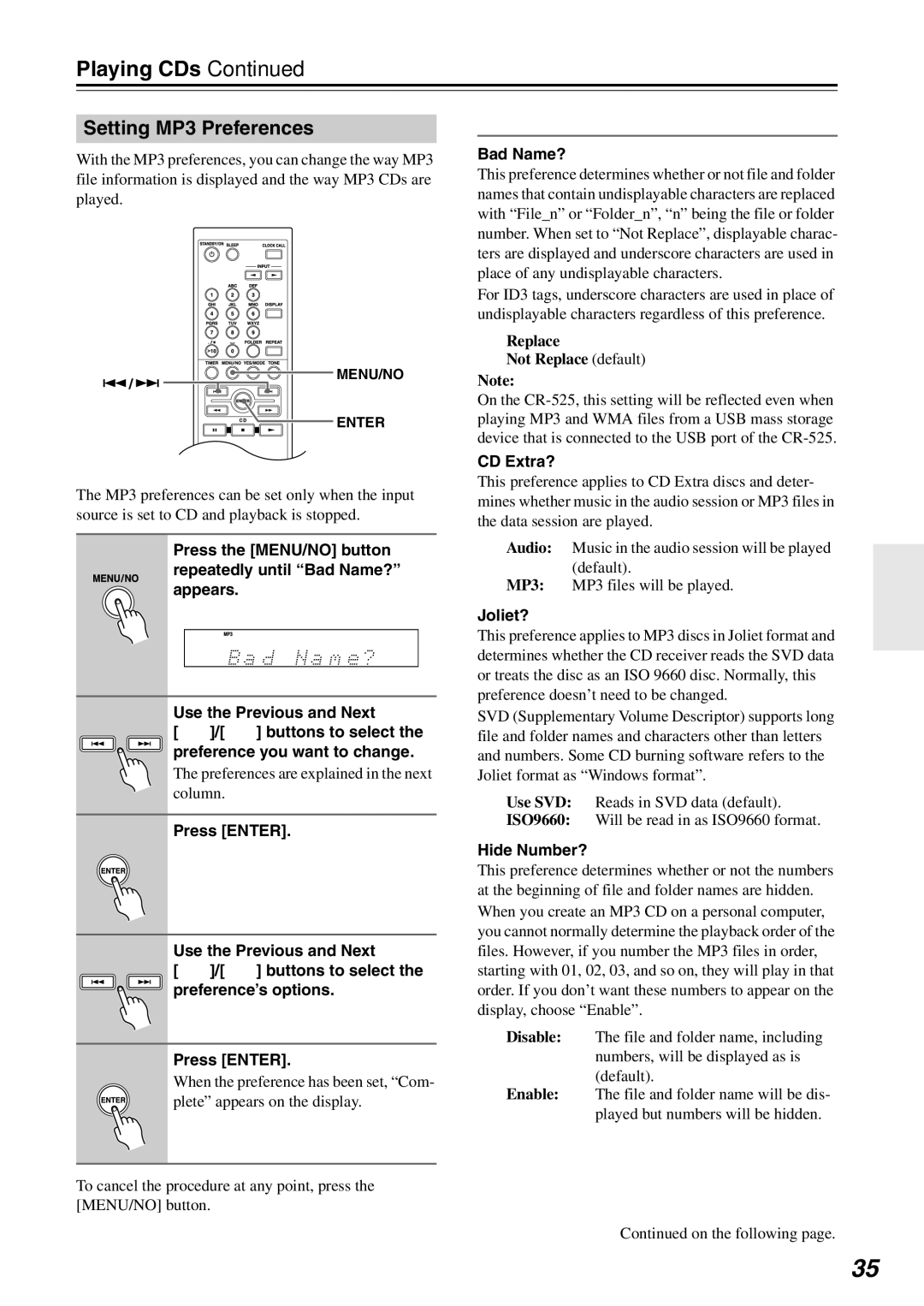 Onkyo CR-525, CR-325 instruction manual Setting MP3 Preferences 