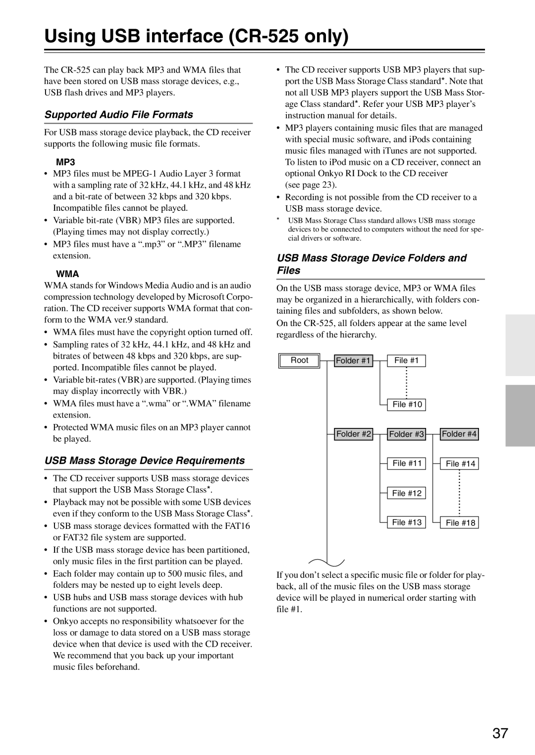 Onkyo CR-325 Using USB interface CR-525 only, Supported Audio File Formats, USB Mass Storage Device Requirements 