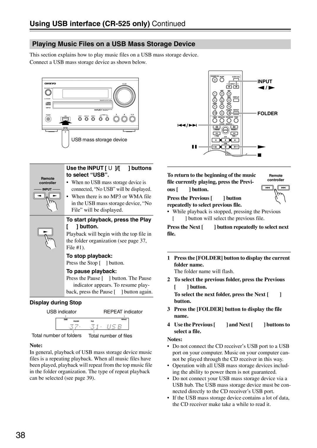 Onkyo CR-325 Using USB interface CR-525only, Playing Music Files on a USB Mass Storage Device, Selecting Music files 