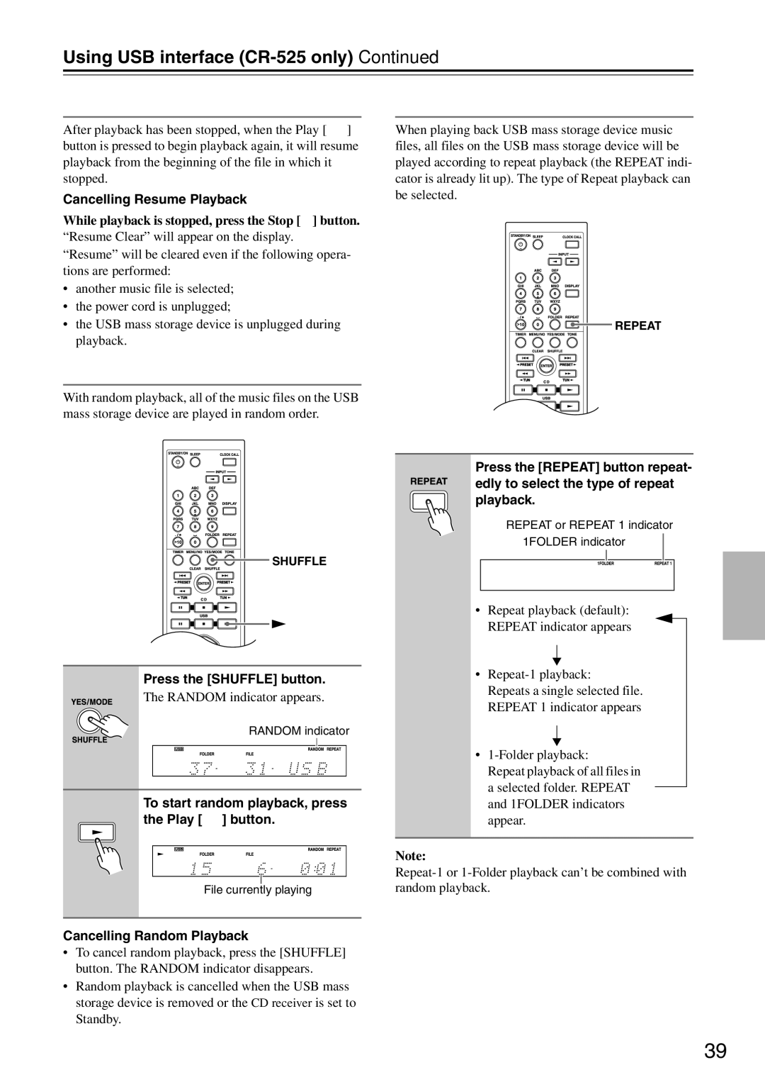 Onkyo CR-525, CR-325 instruction manual Random Playback, Select the type of Repeat Playback, Cancelling Resume Playback 