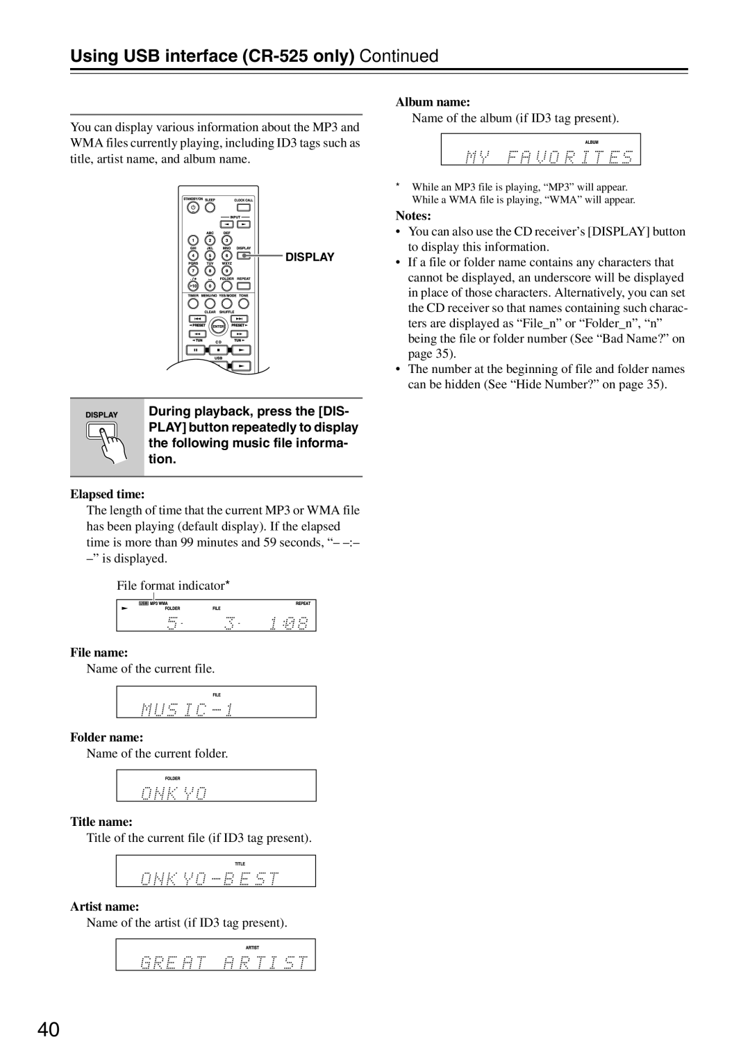 Onkyo CR-325, CR-525 instruction manual Displaying Music File Information, Elapsed time 