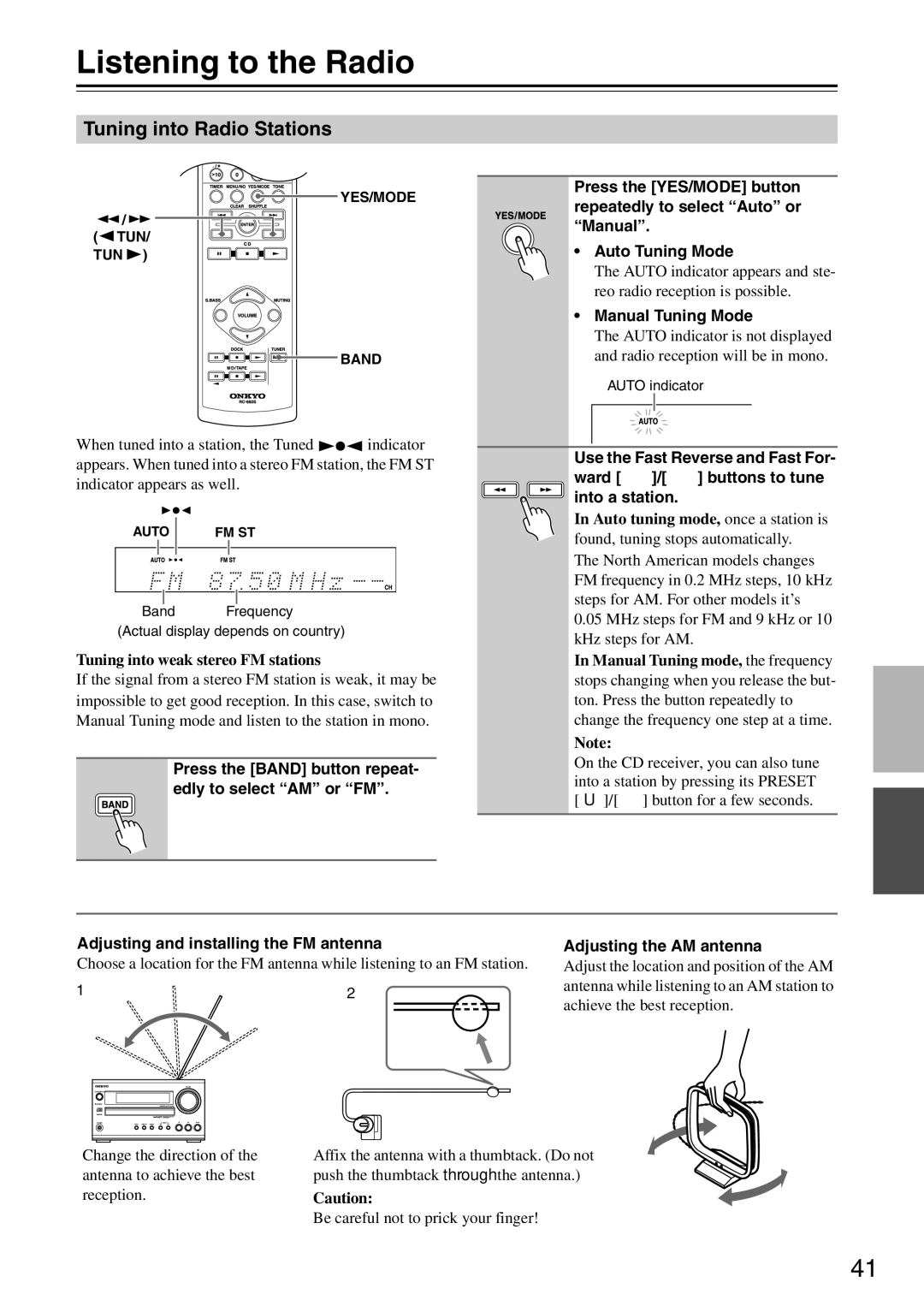 Onkyo CR-525, CR-325 instruction manual Listening to the Radio, Tuning into Radio Stations, Adjusting the Antennas 