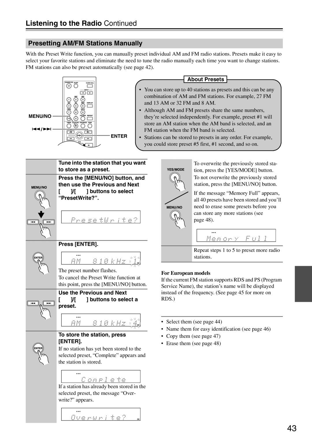 Onkyo CR-525, CR-325 instruction manual Presetting AM/FM Stations Manually, About Presets 