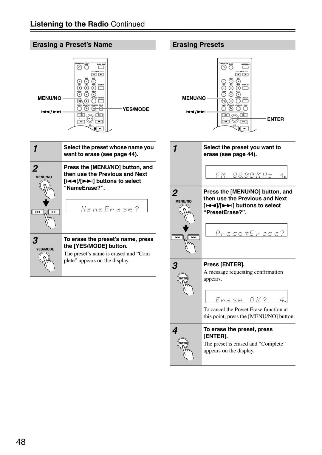 Onkyo CR-325, CR-525 instruction manual Erasing a Preset’s Name Erasing Presets, To erase the preset, press Enter 