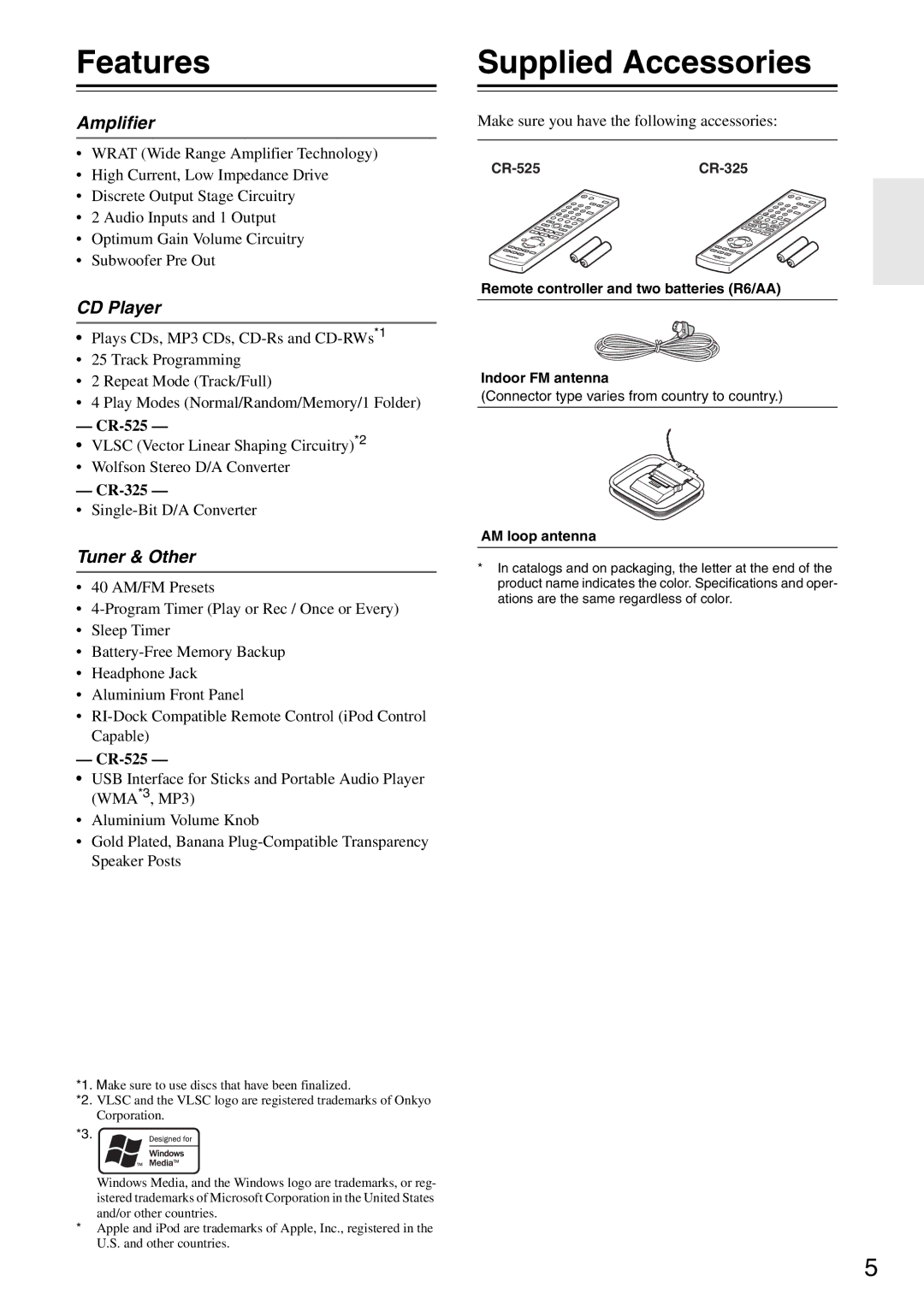 Onkyo CR-525, CR-325 instruction manual Features, Supplied Accessories, Amplifier, CD Player, Tuner & Other 