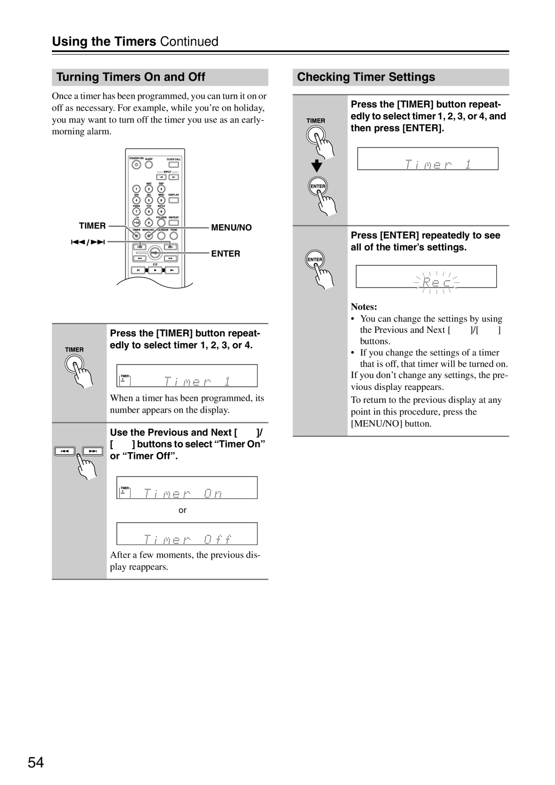 Onkyo CR-325, CR-525 Turning Timers On and Off, Checking Timer Settings, Then press Enter, Press Enter repeatedly to see 