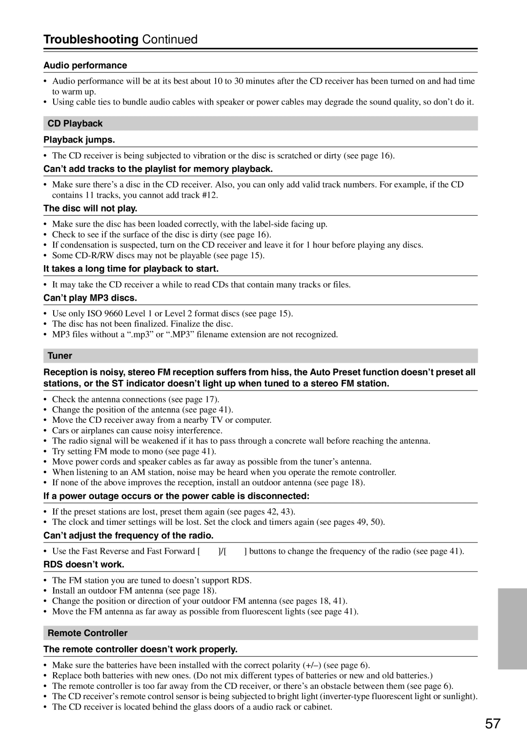 Onkyo CR-525, CR-325 instruction manual Troubleshooting 