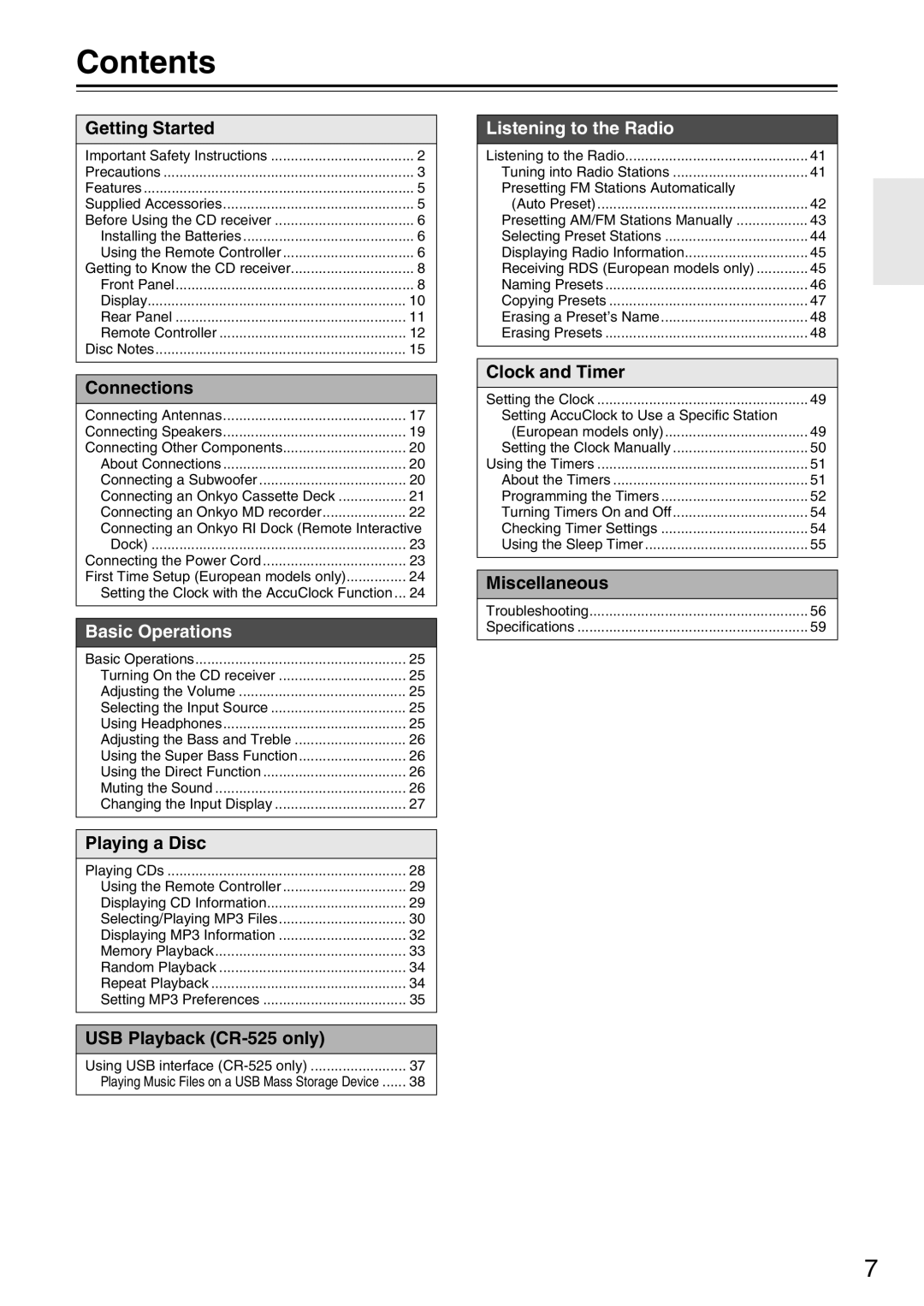 Onkyo CR-525, CR-325 instruction manual Contents 