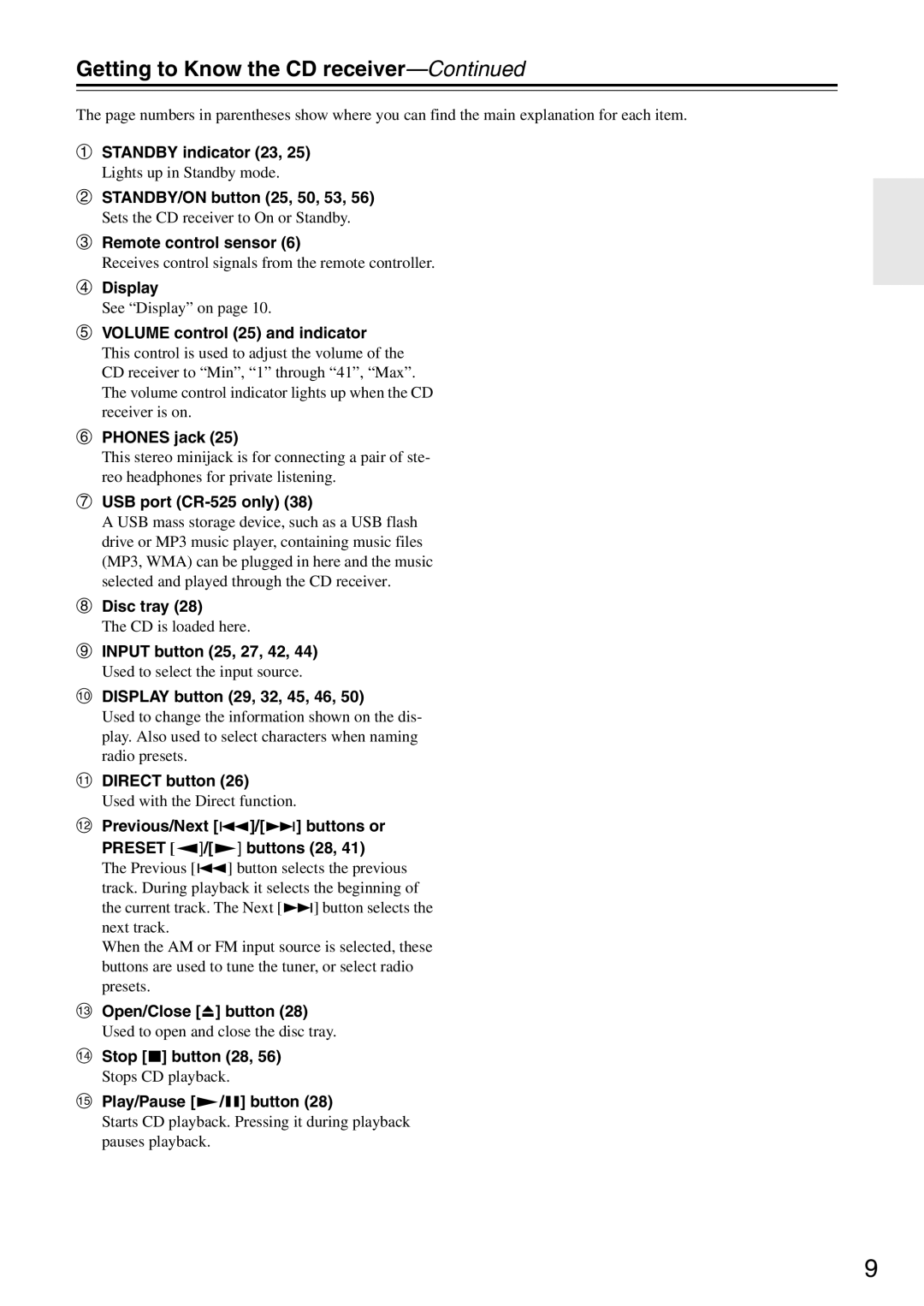 Onkyo CR-525, CR-325 instruction manual Getting to Know the CD receiver 