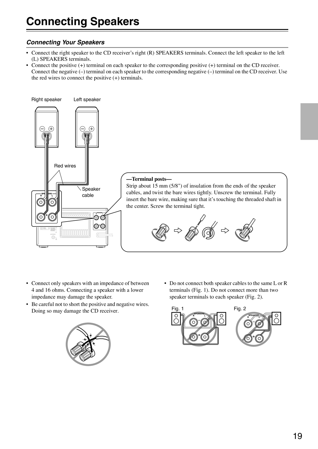 Onkyo CR-525, CR-325 instruction manual Connecting Speakers, Connecting Your Speakers, Terminalposts 