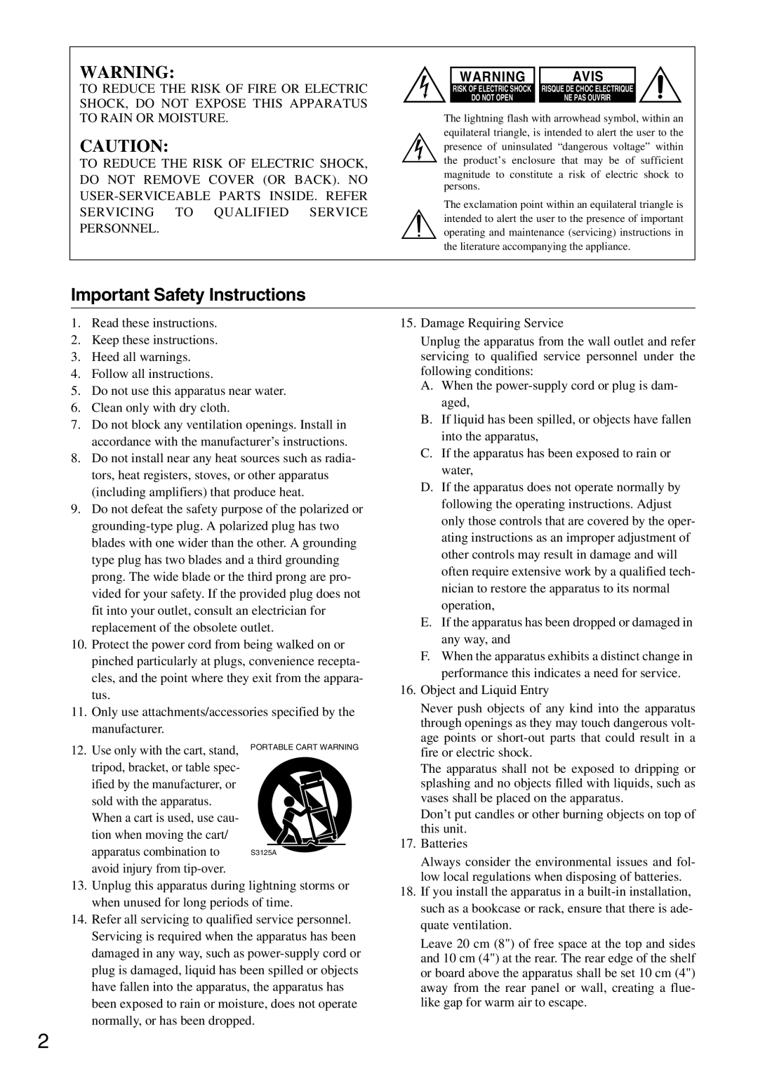 Onkyo CR-325, CR-525 instruction manual Important Safety Instructions, Avis 