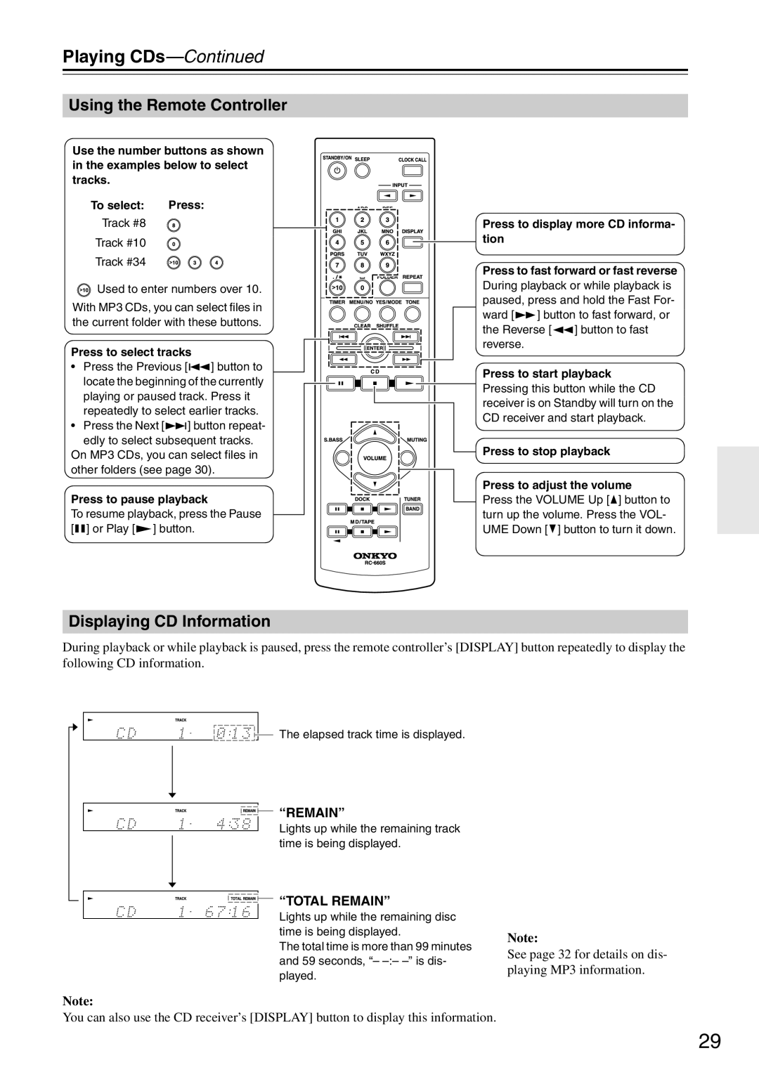 Onkyo CR-525, CR-325 instruction manual Playing CDs-Continued, Displaying CD Information, Using the Remote Controller 