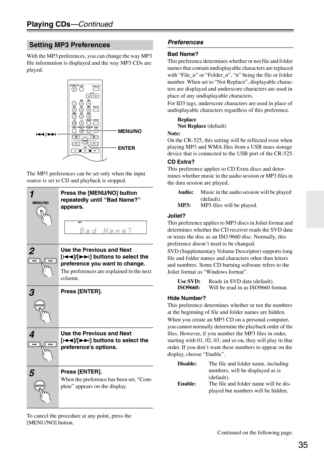 Onkyo CR-525, CR-325 instruction manual Setting MP3 Preferences, Playing CDs-Continued, Replace Not Replace default, column 